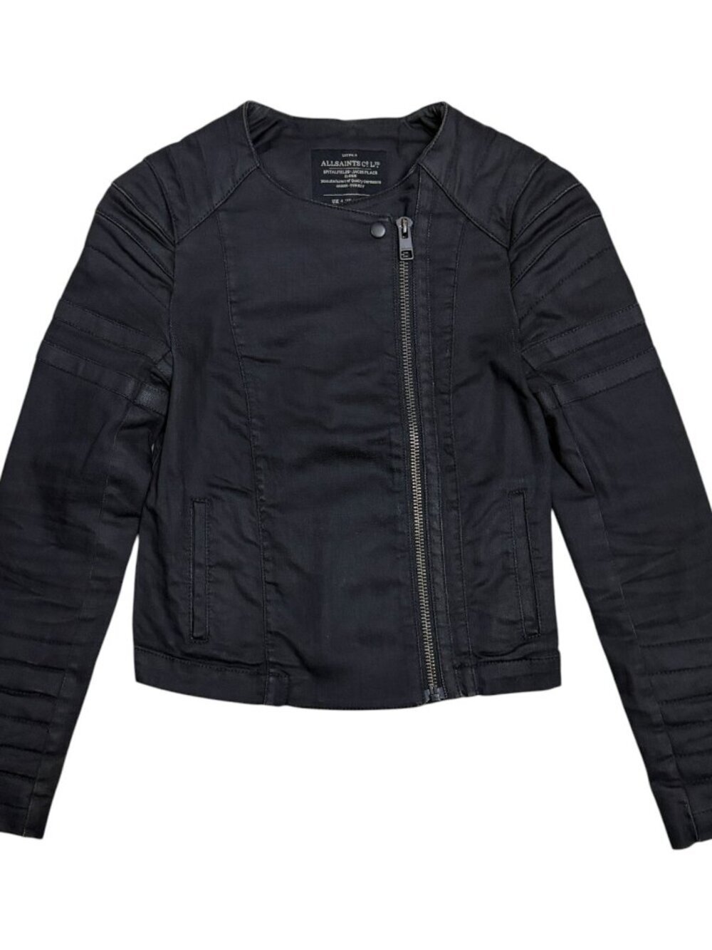 All Saints Denim Jean Jacket Luxury Cropped Black Moto Coat Womens Size 0